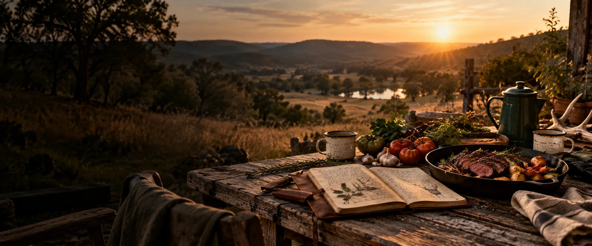 An illustrated outdoor table with a cookbook, garden vegetables and a skillet at sunset