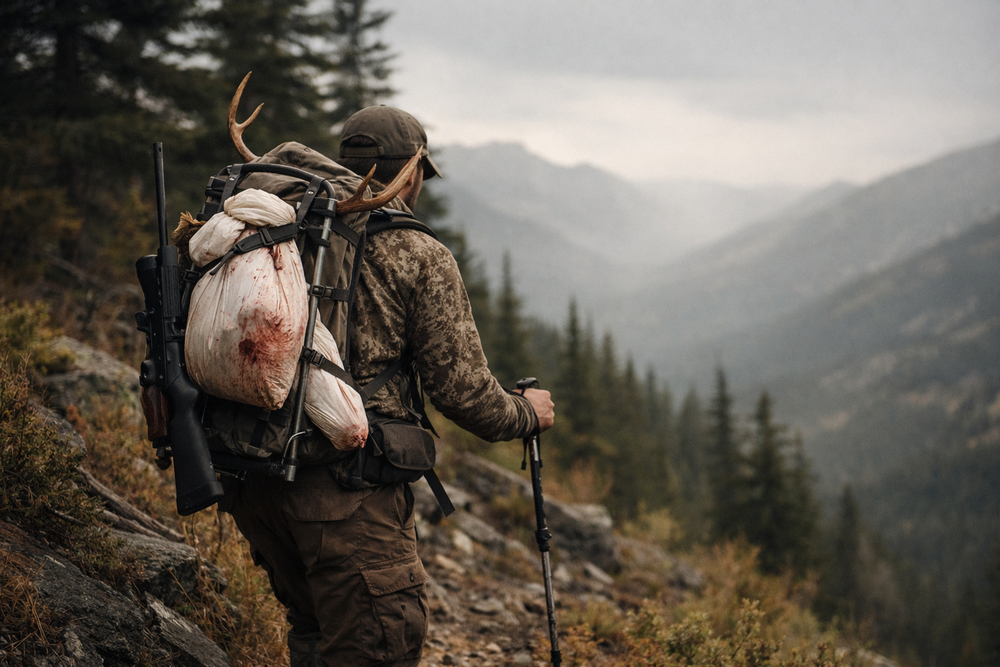 A hunter carrying a harvest through a mountain landscape