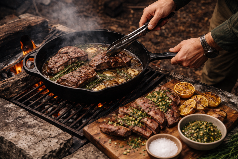 Skillets of wild game and vegetables cooking over an outdoor fire