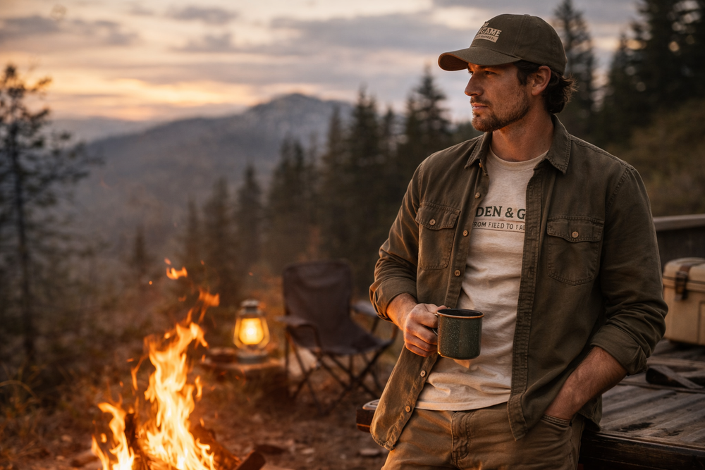 A man in Garden and Game apparel at a campfire